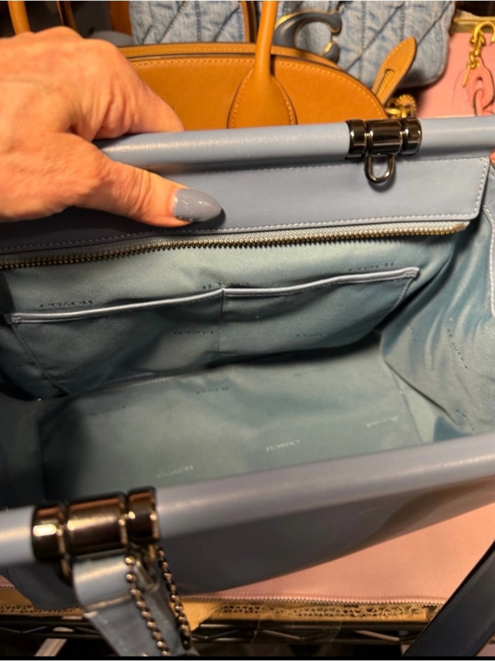 Coach Frame Carryall 28 Blue Leather Satchel Gunmetal 31916 - Picture 8 of 10